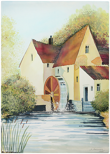 Мельница - Авторский батик (41х 59 см) Картина ; Батик, Шелк 2008 г инфо 9532b.